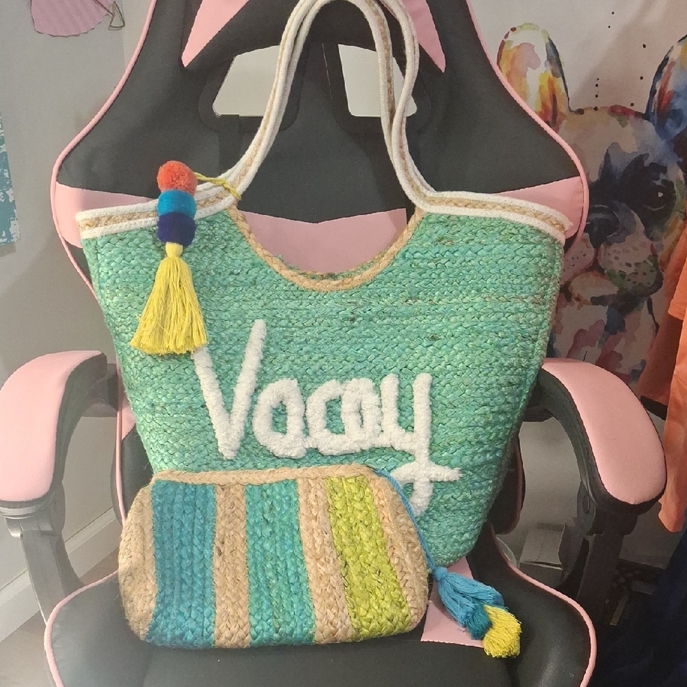 Green and Tan Woven Tote Set